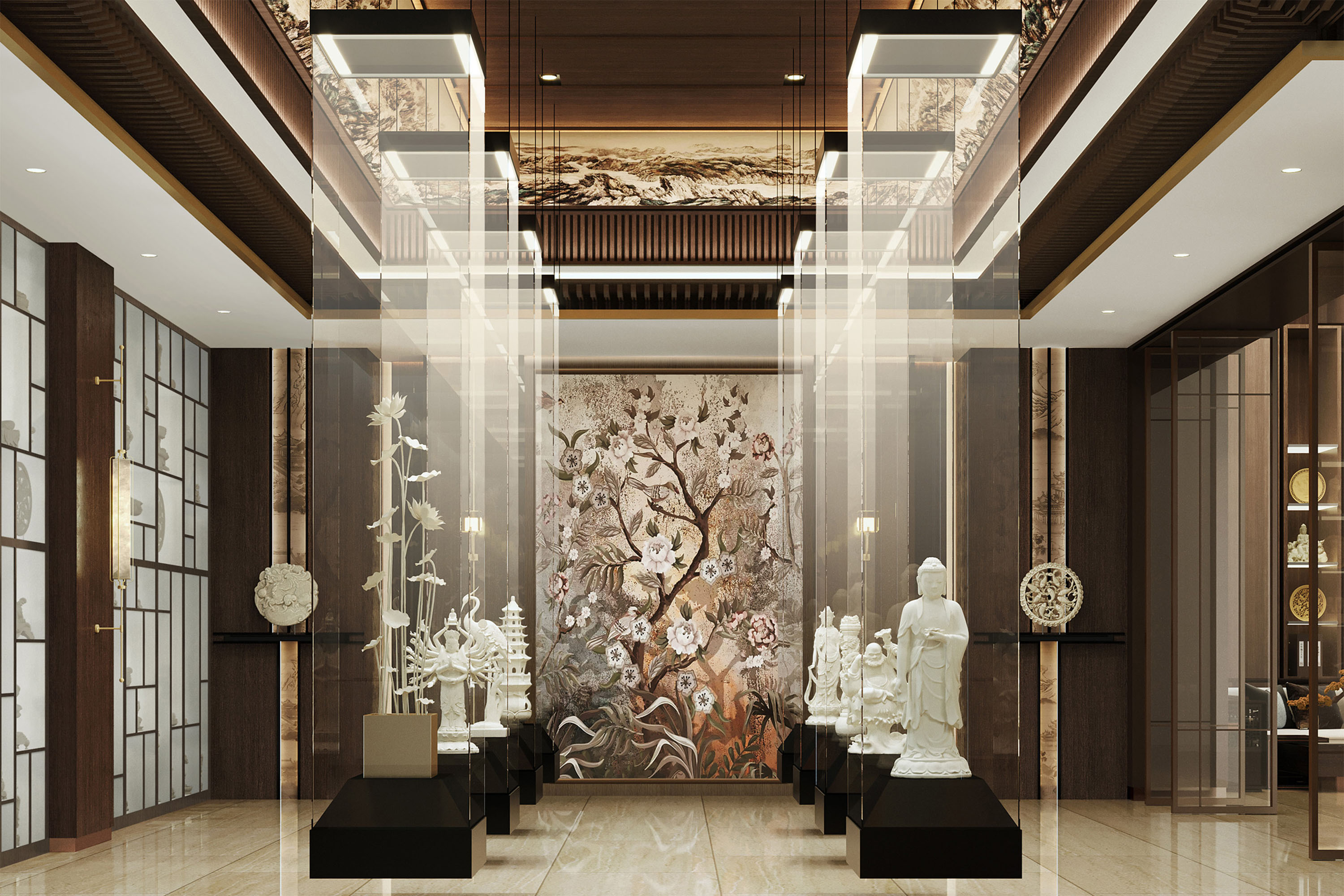 a refined exhibition hall where mammoth ivory carvings align with a floral mural backdrop
