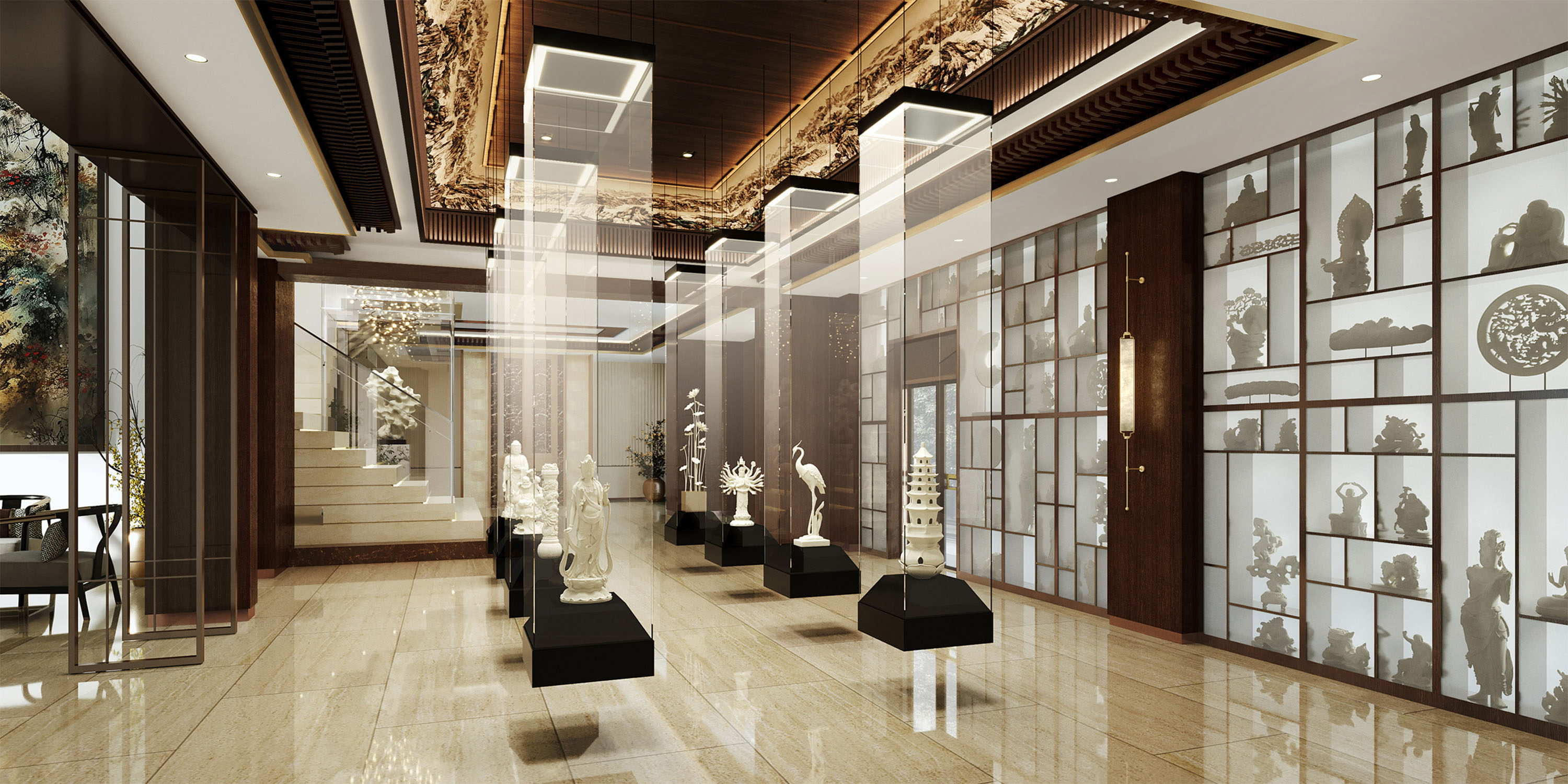 the interior showcases mammoth ivory carvings encased in glass columns